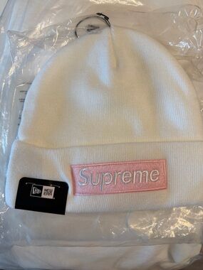 Supreme White Beanie with Pink Box Logo Patch